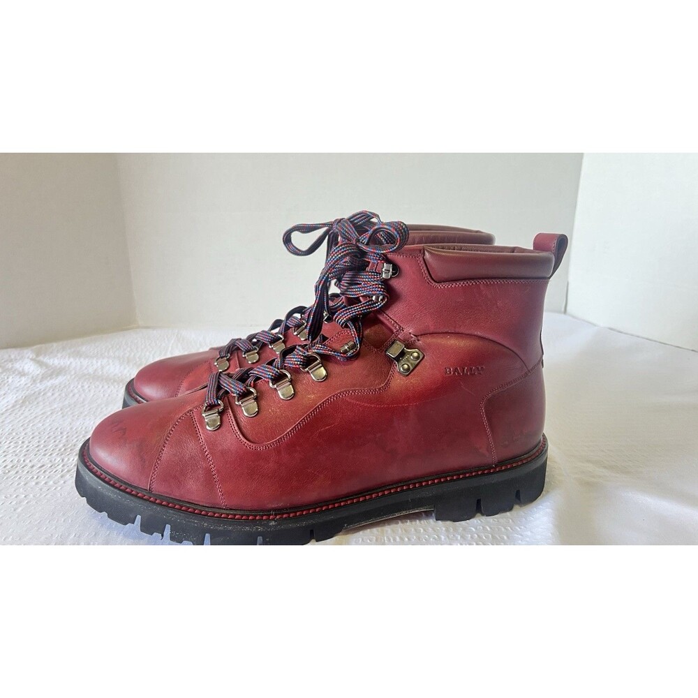 BALLY Charil Red Contrast Stitch Leather Fur Lined Hiking Boots Size 10 - Picture 4 of 10